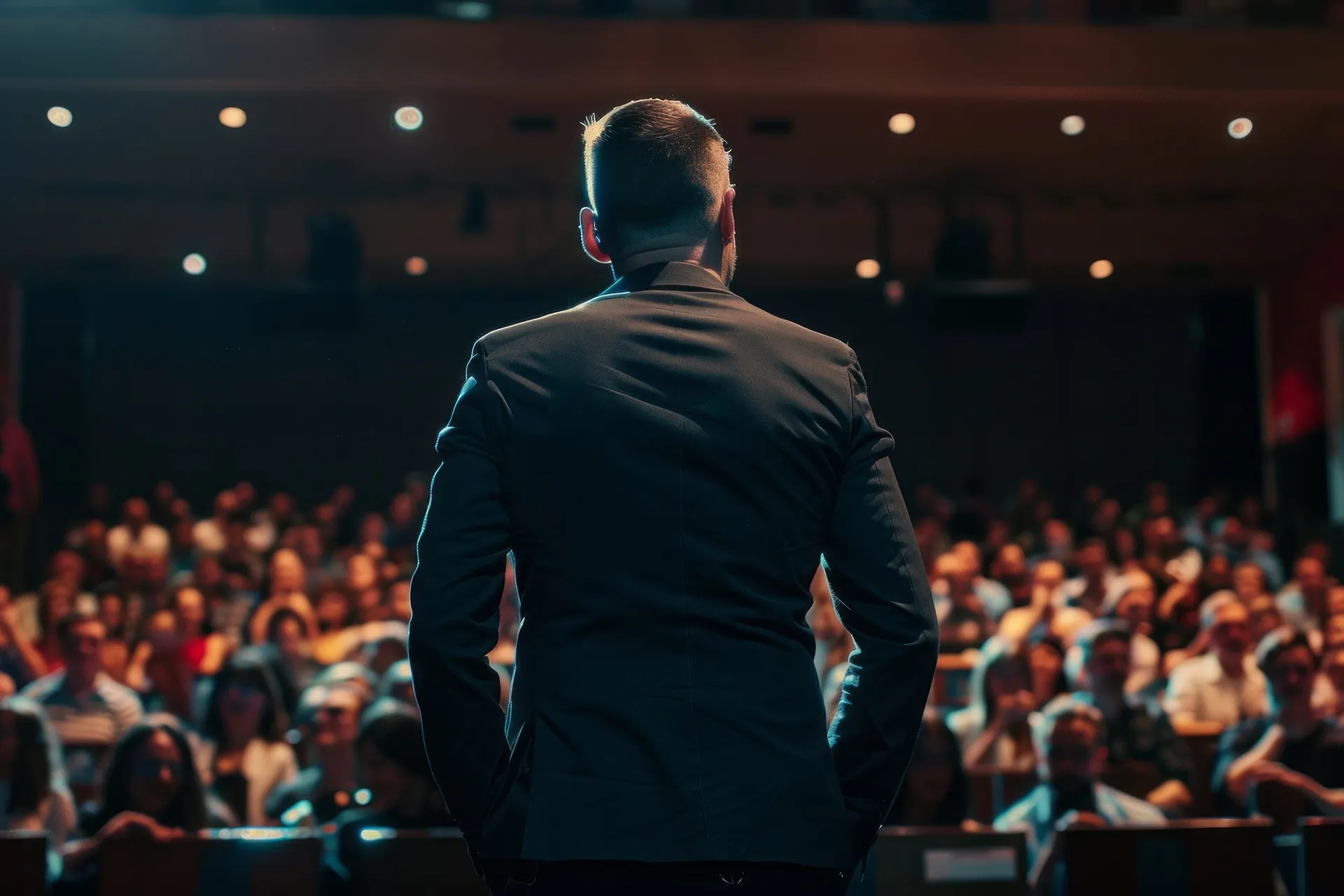 A speaker addressing an audience from the front of a dark auditorium