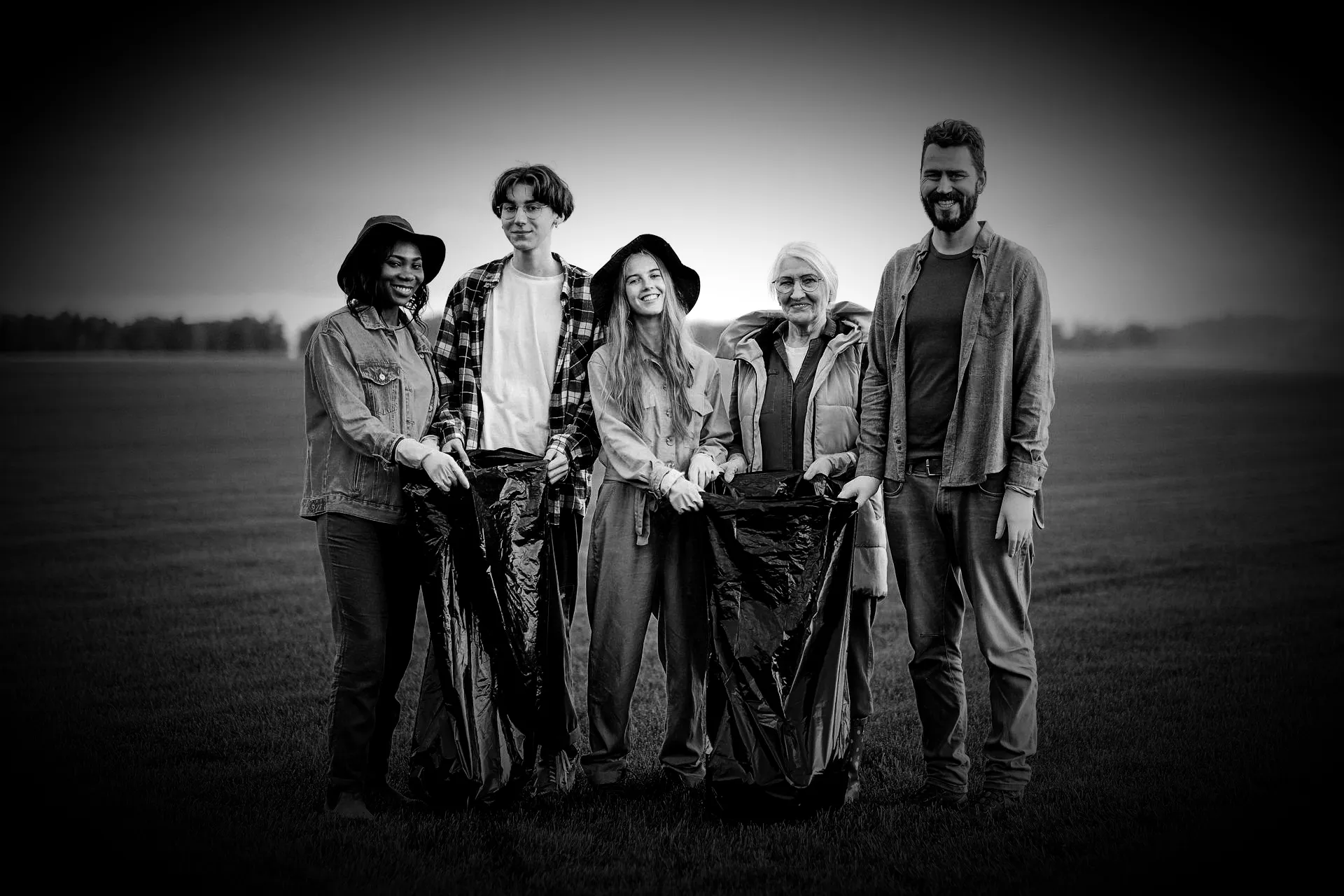 A black-and-white portrait of five volunteers holding cleanup bags in a field