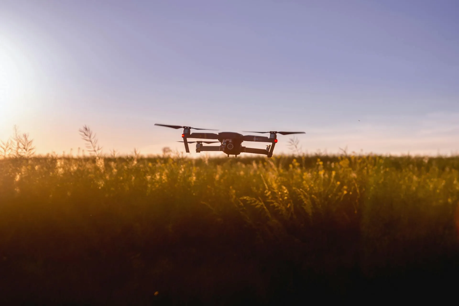A drone hovering low over a golden-lit field during a production flight