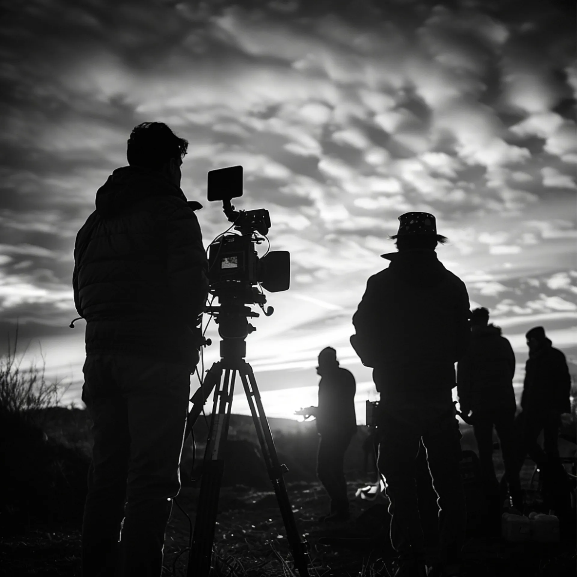 A film crew silhouetted against a dramatic cloudy sky, camera on tripod